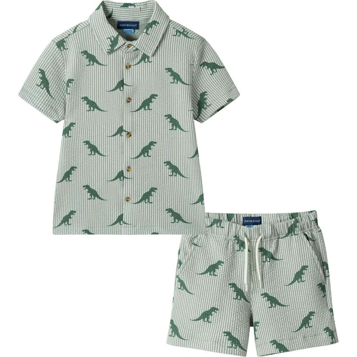 Boys Short Sleeve Cabana Set in Green Stripe with Dinosaur Print