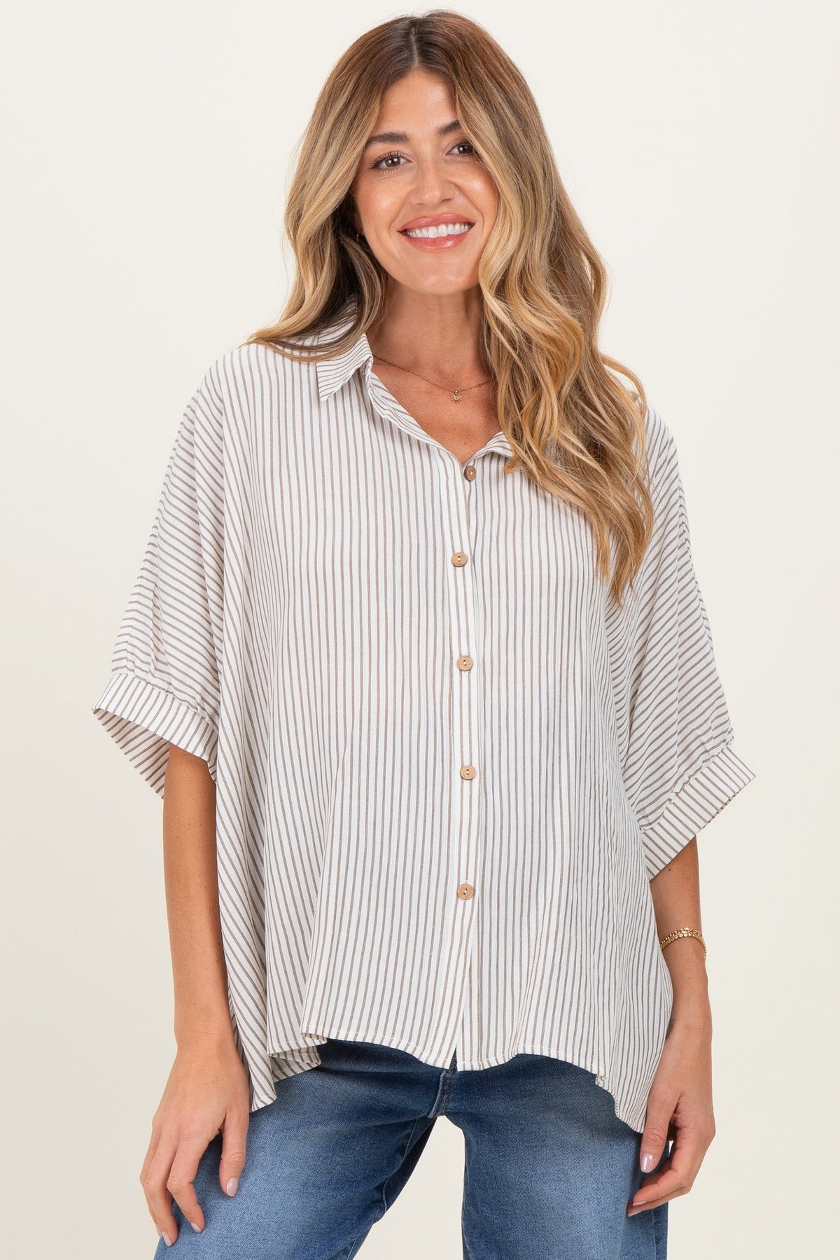 Taupe Striped Boxy Button Down Maternity Top