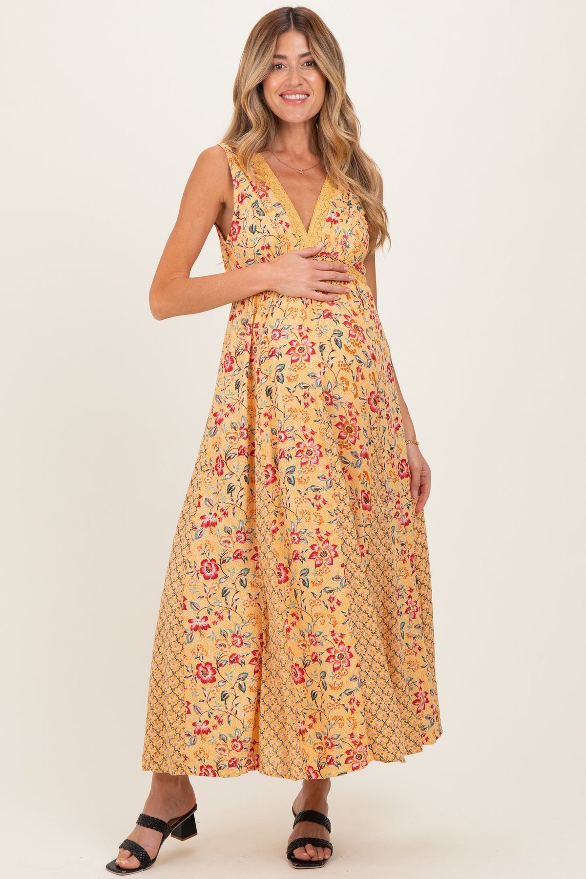 Yellow V Neck Lace Trim Twin Print Maternity Maxi Tank Dress