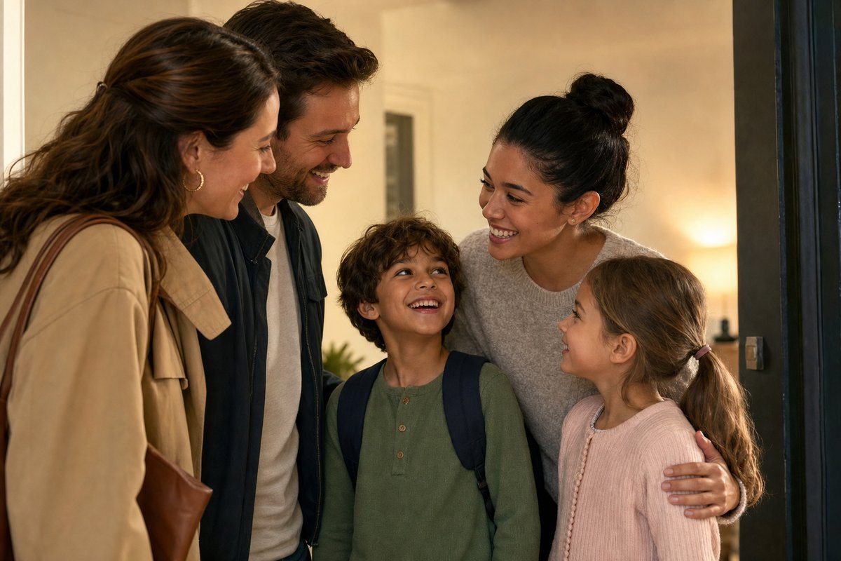 Happy family returning home to find children safe and smiling with their trusted babysitter in the evening