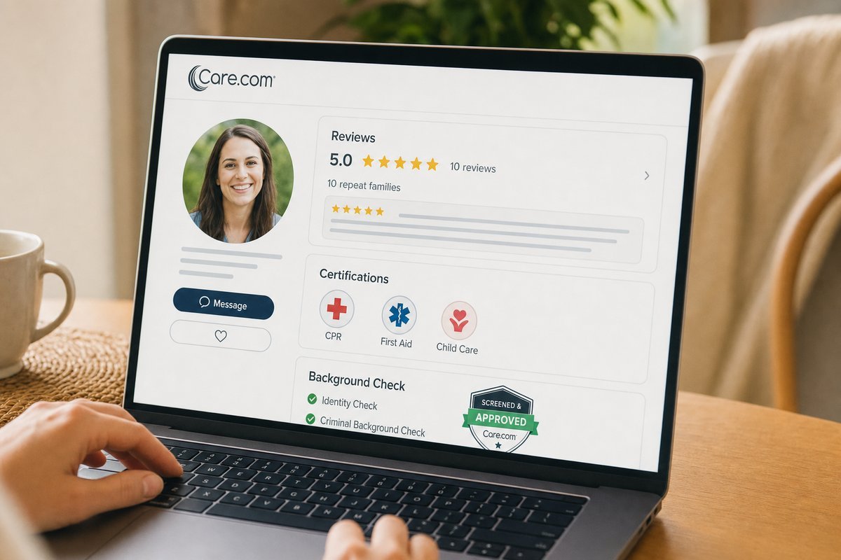 Close-up of Care.com profile page on laptop screen showing caregiver reviews, certifications, and background check badges