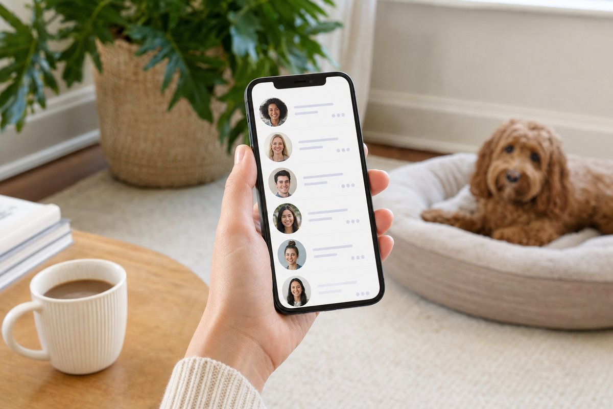 Phone showing contact list of backup babysitters and pet sitters with notes about their availability and specialties