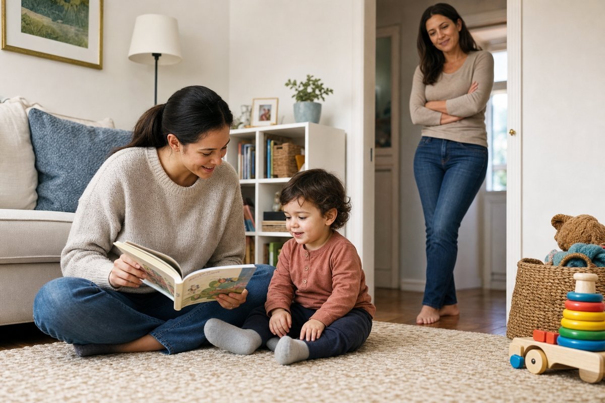 Babysitter reading storybook to toddler on living room floor while parent observes from doorway during trial session